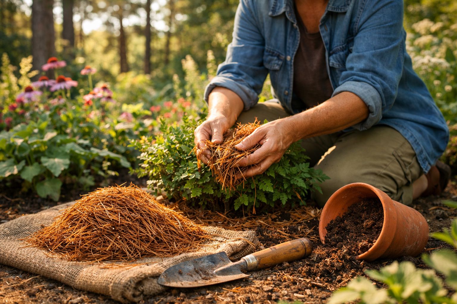 Pessoa a aplicar cobertura vegetal num canteiro de jardim com plantas e flores ao fundo.