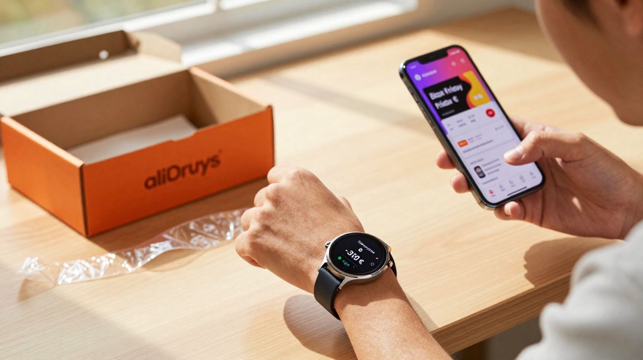 Pessoa a usar smartwatch e a consultar smartphone numa mesa com embalagem da AliDrays vazia.