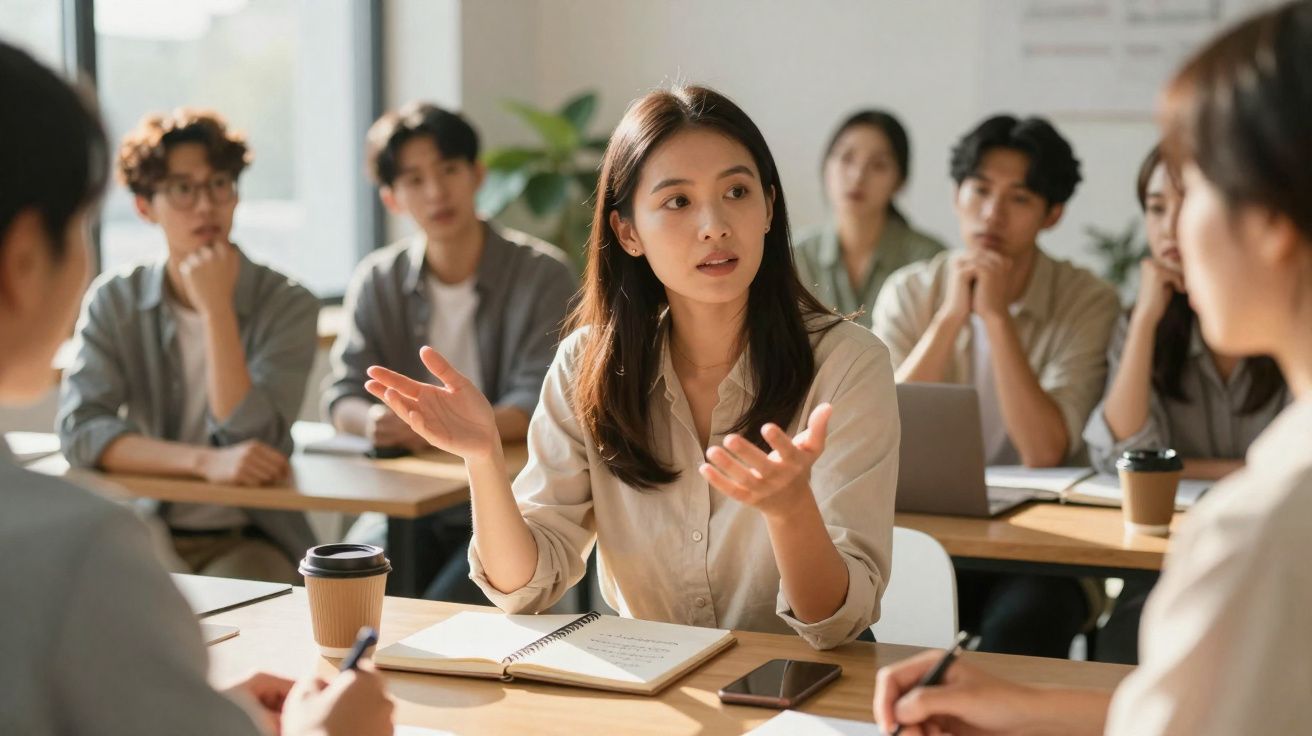 Grupo de jovens em reunião, uma mulher a falar e gesticular enquanto os outros escutam atentamente.
