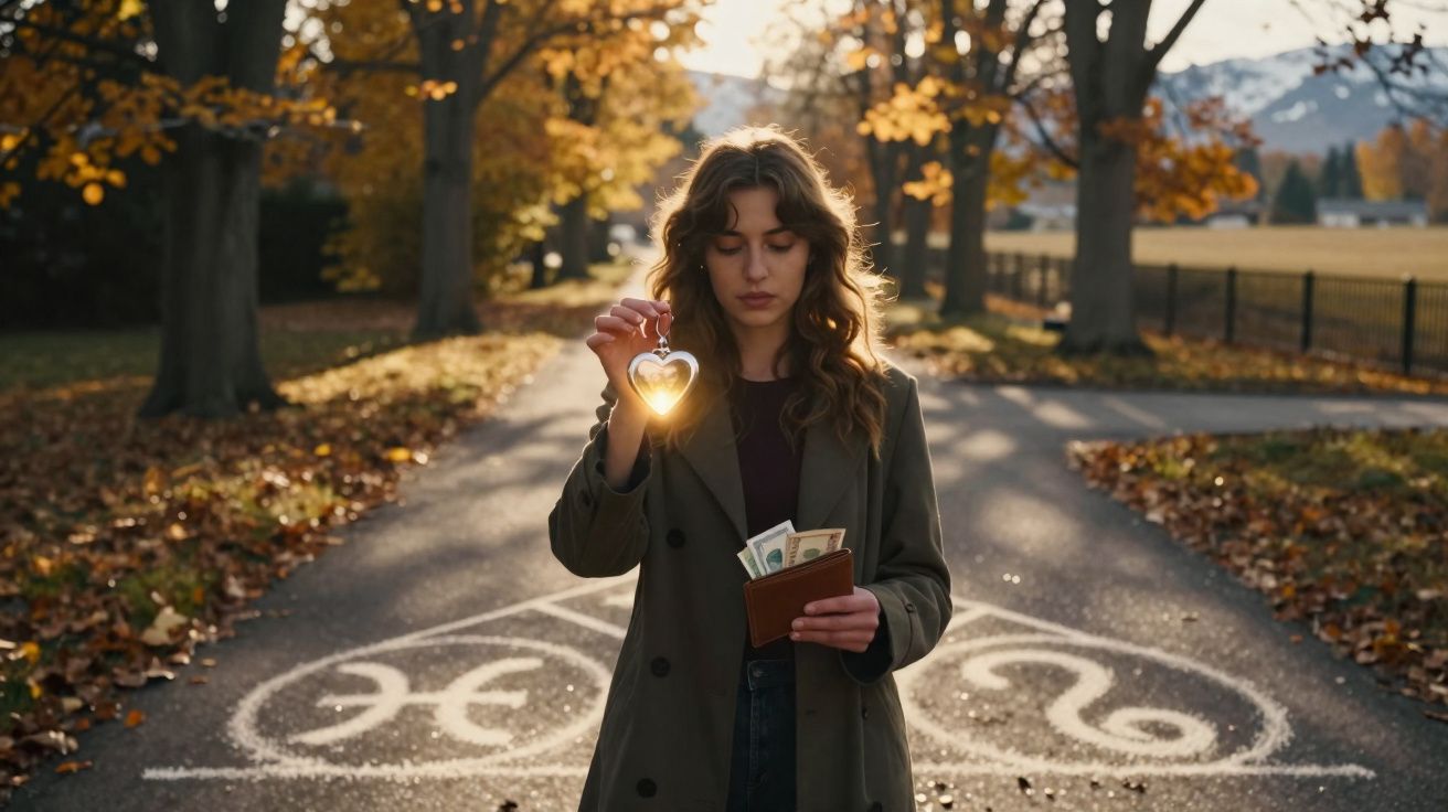 Mulher de cabelo ondulado segura coração luminoso e carteira com dinheiro numa estrada com símbolos zodiacais no outono.