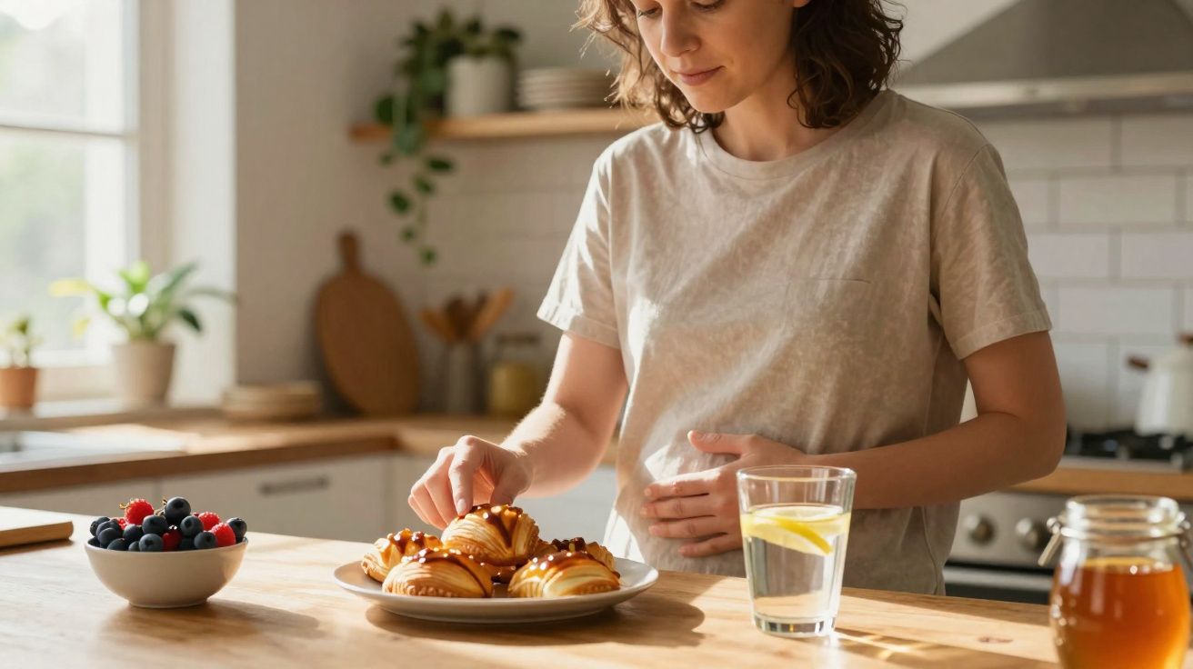 Mulher com mão na barriga escolhe pastelaria numa cozinha iluminada, com tigela de frutos vermelhos e copo de água.