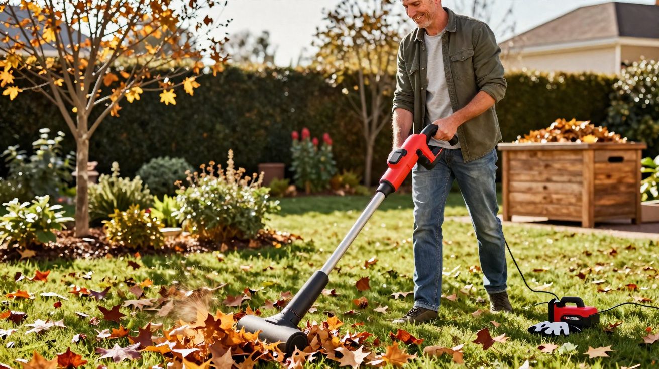 Homem a usar soprador elétrico para remover folhas secas do relvado num jardim solarengo de outono.