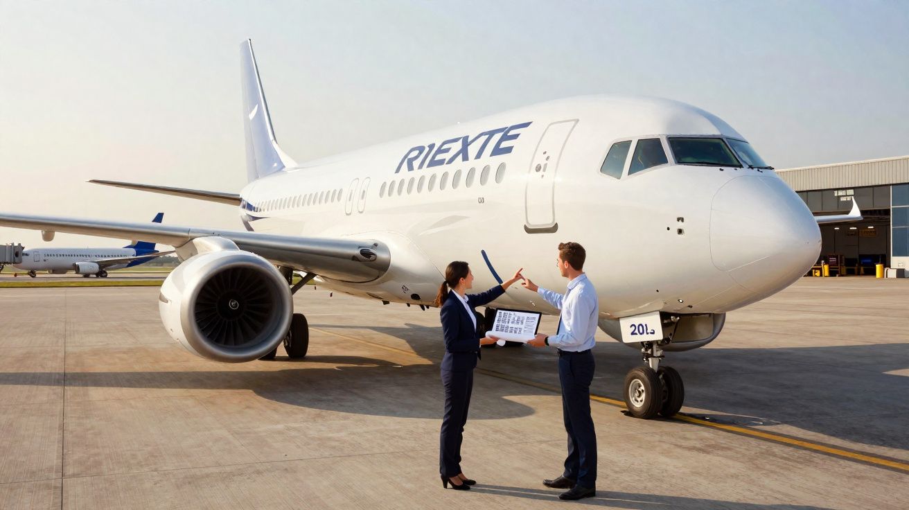 Duas pessoas em fato de trabalho junto a um avião branco na pista de um aeroporto durante o dia.