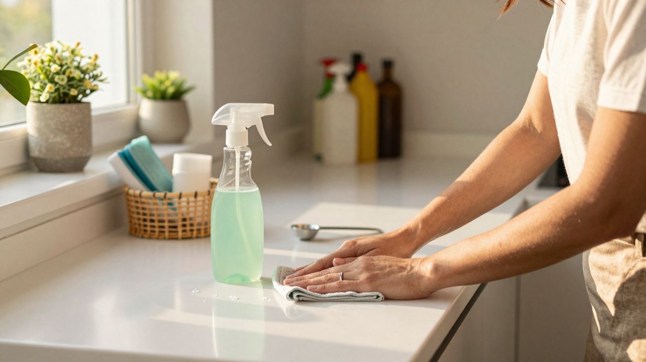 Pessoa a limpar bancada branca de cozinha com pano e spray de limpeza junto à janela com plantas.