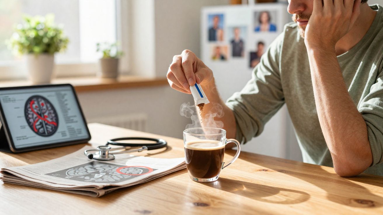 Pessoa a adicionar açúcar a chá ou café numa mesa com jornal, tablet e estetoscópio.