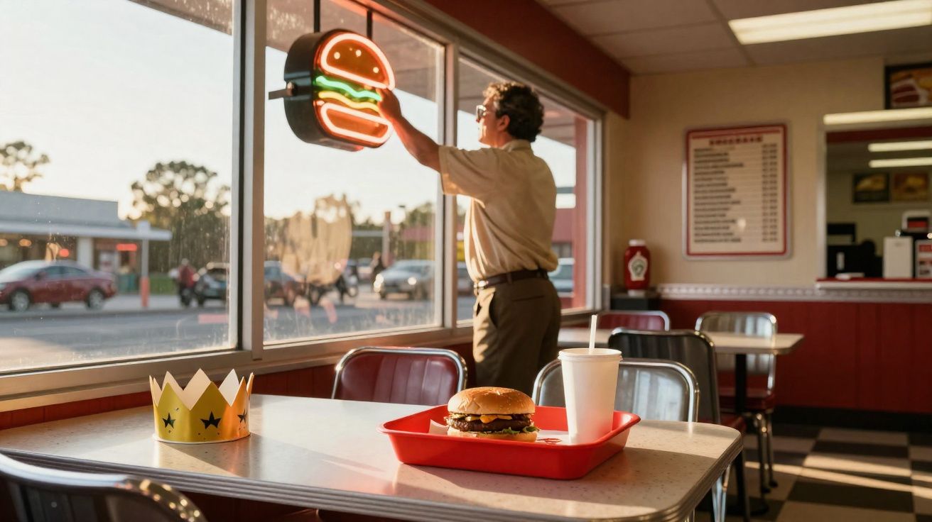 Homem a colocar letreiro de hambúrguer luminoso numa janela de restaurante, com hambúrguer e bebida na mesa.