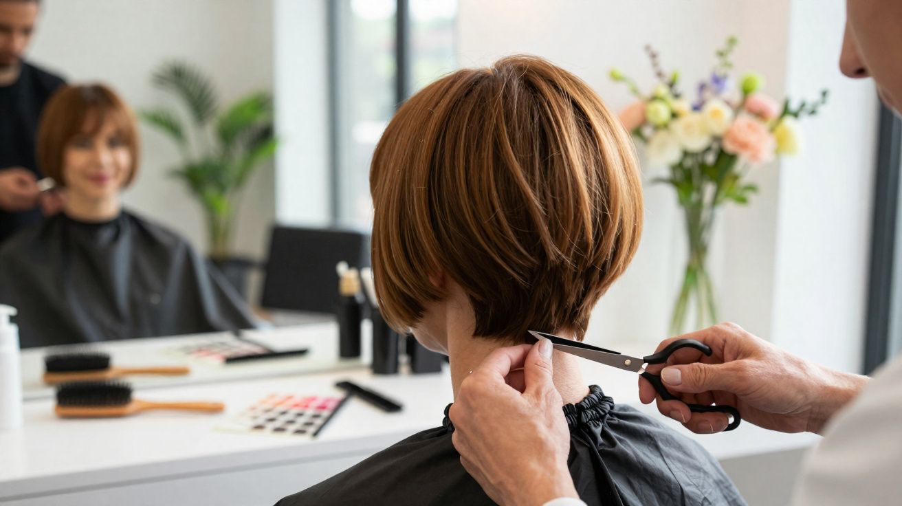 Mulher no cabeleireiro a cortar cabelo curto castanho, refletida no espelho com flores ao fundo.