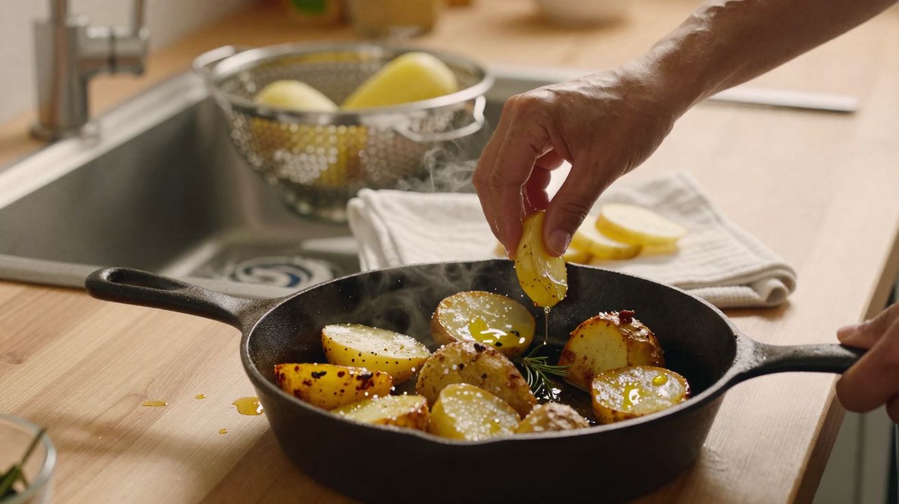 Mão tempera batatas assadas numa frigideira de ferro, com azeite e ervas, numa cozinha moderna.