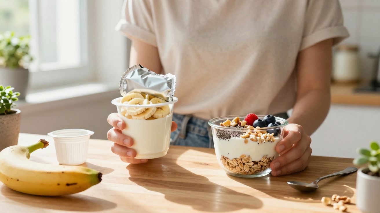 Pessoa a segurar iogurte com banana em pote plástico e taça com iogurte, granola e frutos vermelhos, à luz natural.
