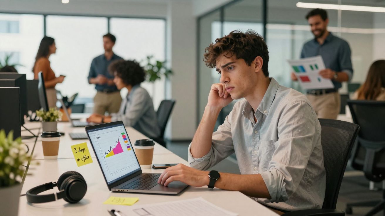 Jovem a trabalhar num gráfico num portátil num escritório moderno com colegas ao fundo.