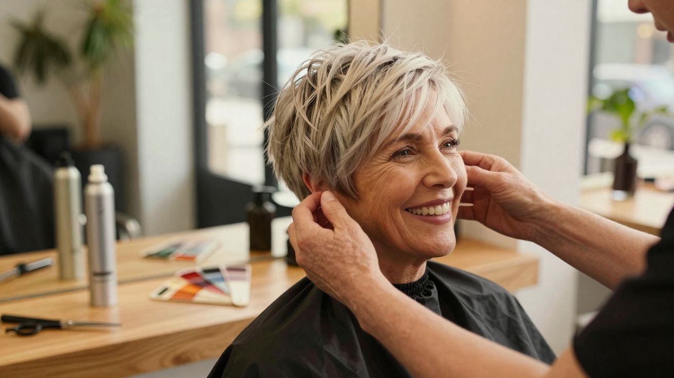Mulher sorridente a receber acabamento de corte de cabelo num salão de cabeleireiro.