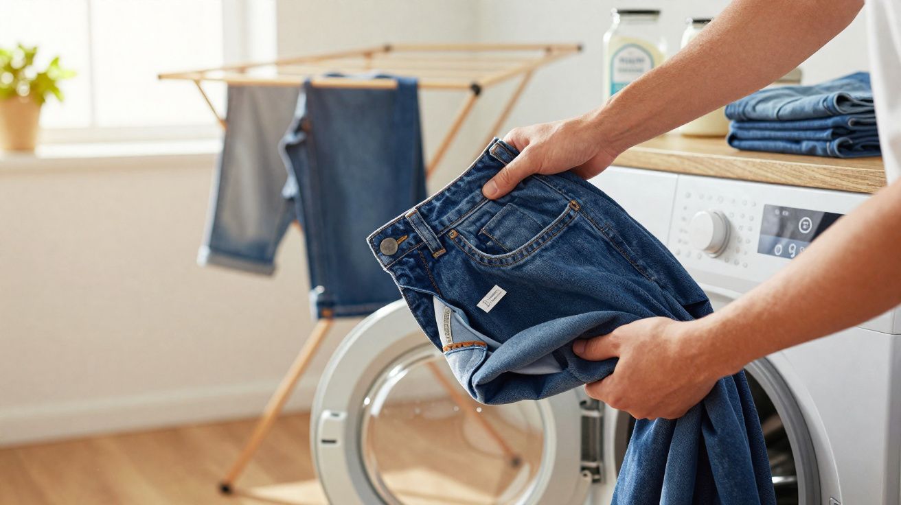Pessoa a tirar calças de ganga molhadas da máquina de lavar roupa numa lavandaria doméstica.