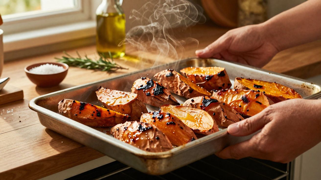 Pão-do-celeiro assado numa tabuleiro metálico, acabado de sair do forno com vapor visível.