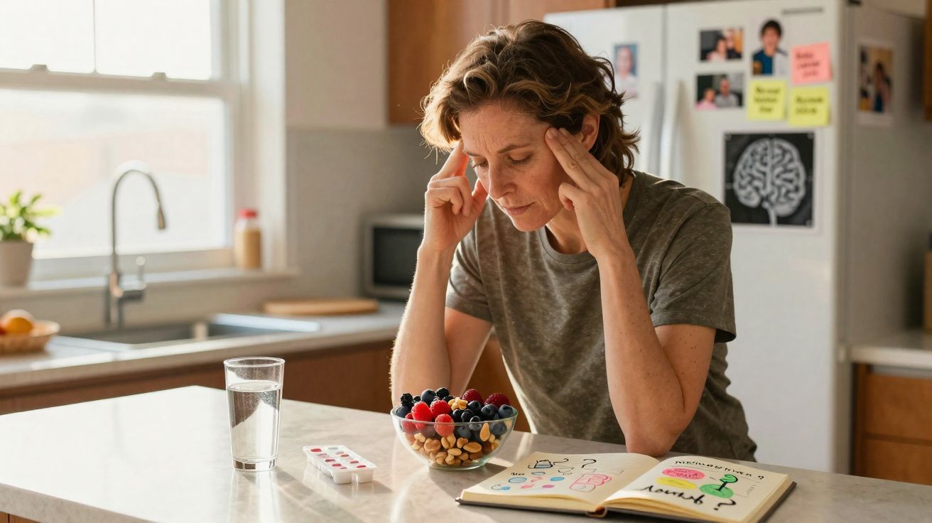 Pessoa pensativa sentada à mesa de cozinha com caderno, frutas, comprimidos e copo de água.