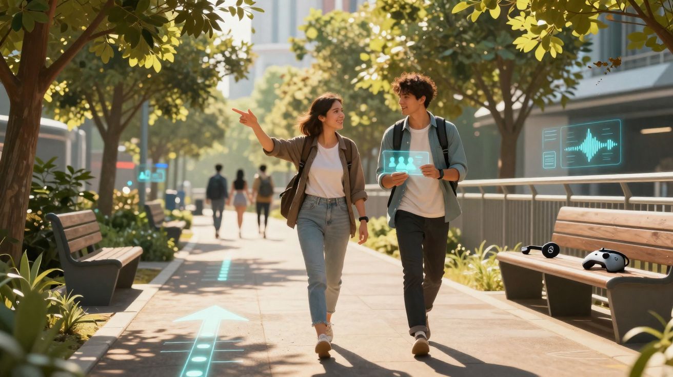 Dois jovens a caminhar numa zona urbana verde, com elementos digitais holográficos à volta.