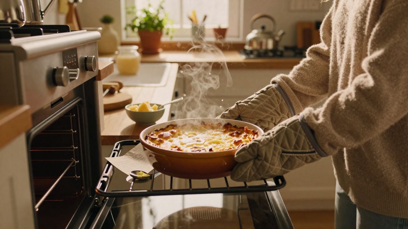 Pessoa a usar luvas retira prato fumegante do forno numa cozinha iluminada e acolhedora.