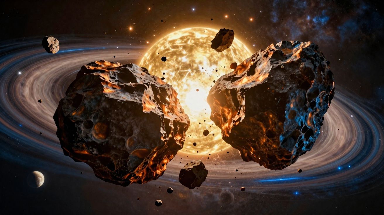 Asteroides flutuam perto de uma estrela brilhante com anéis e um planeta visível ao fundo.