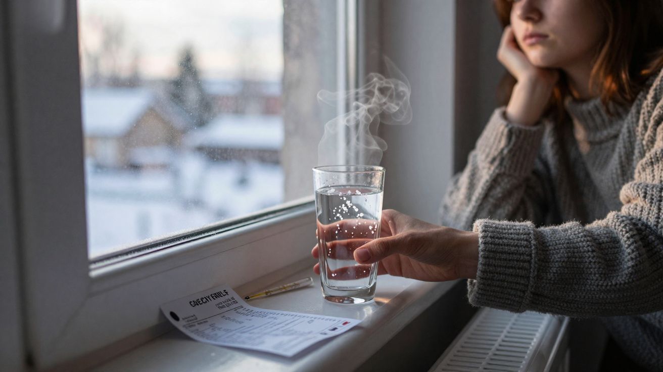 Pessoa segurando copo com água efervescente junto a janela, olhando pensativa para o exterior nevado.