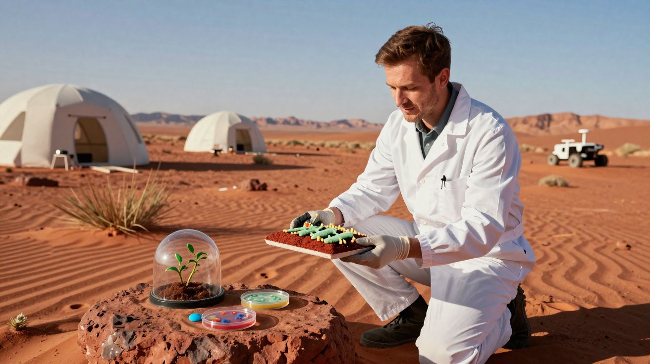 Cientista em fatos brancos estuda plantas e bactérias num ambiente desértico com tendas e robô ao fundo.