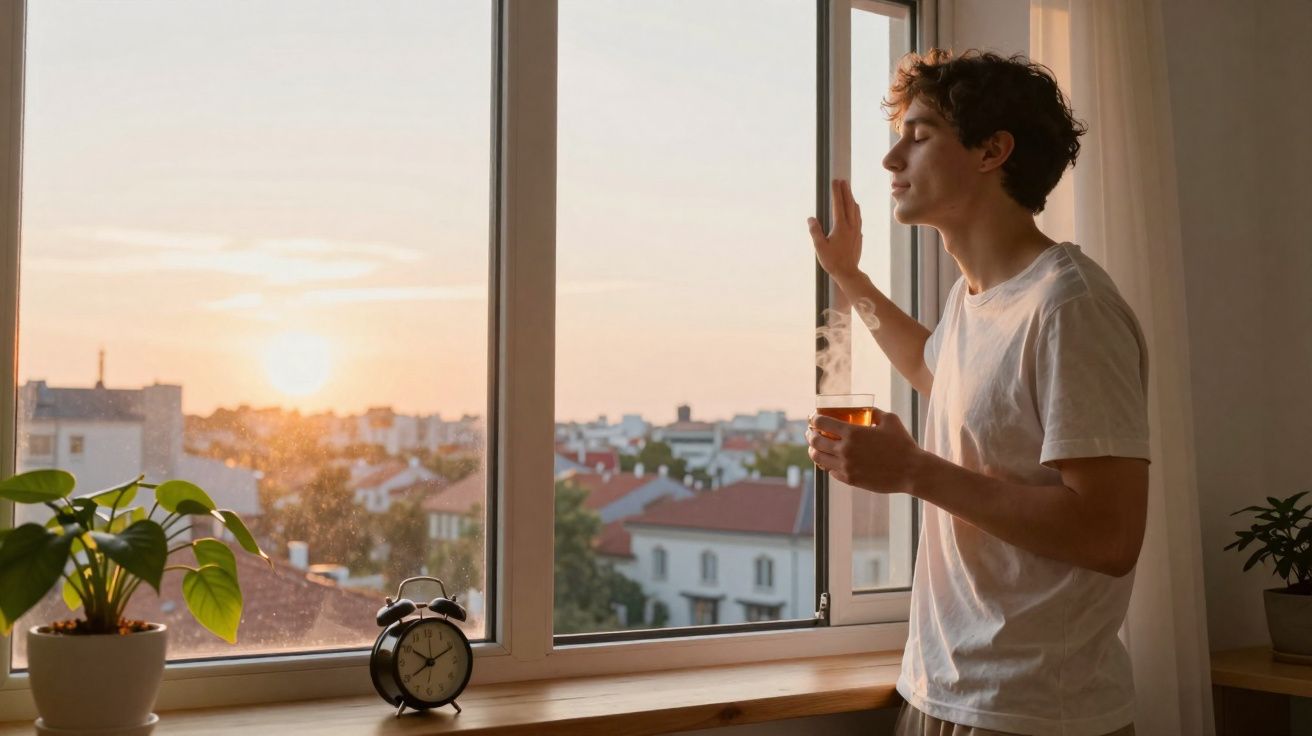 Homem jovem a desfrutar do nascer do sol junto a uma janela, segurando uma chávena quente.