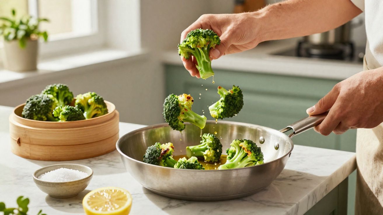 Pessoa a cozinhar brócolos numa frigideira com azeite numa cozinha luminosa.