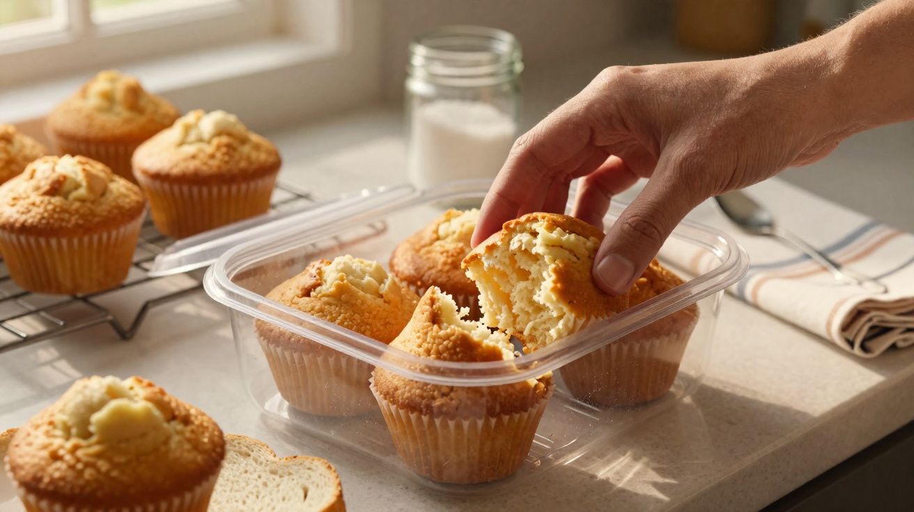 Mão a partir um cupcake com recheio de queijo dentro de caixa plástica numa mesa com mais cupcakes e pão.