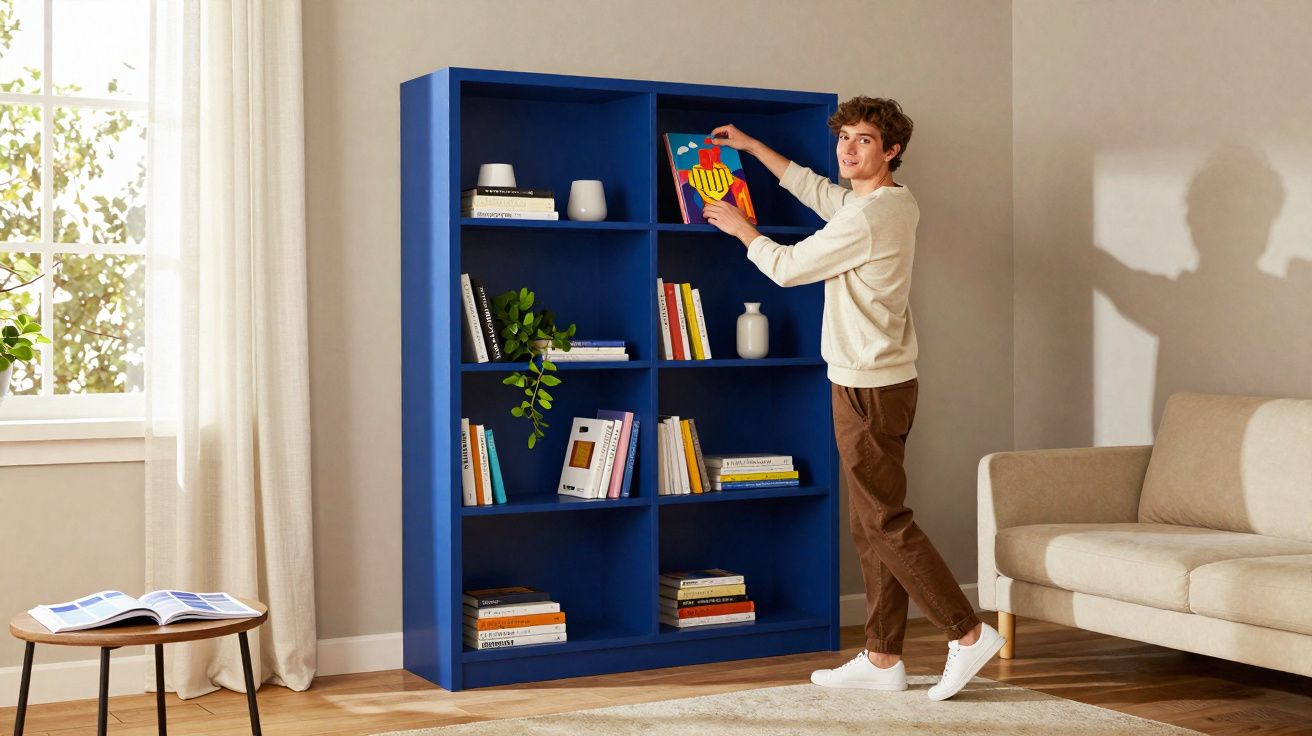 Jovem a colocar livro colorido numa estante azul numa sala iluminada com sofá e mesa pequena.