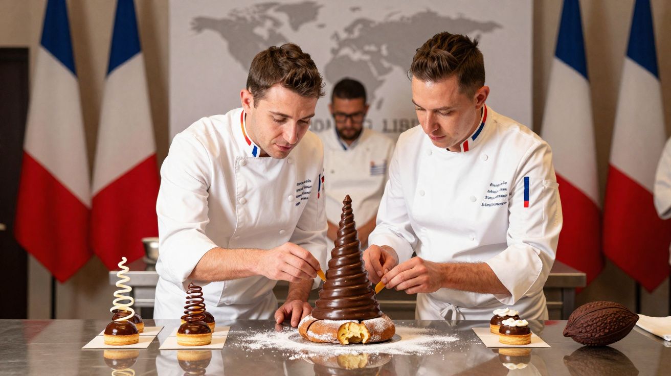 Dois chefs em uniforme branco decoram sobremesas de chocolate numa cozinha com bandeiras de França ao fundo.