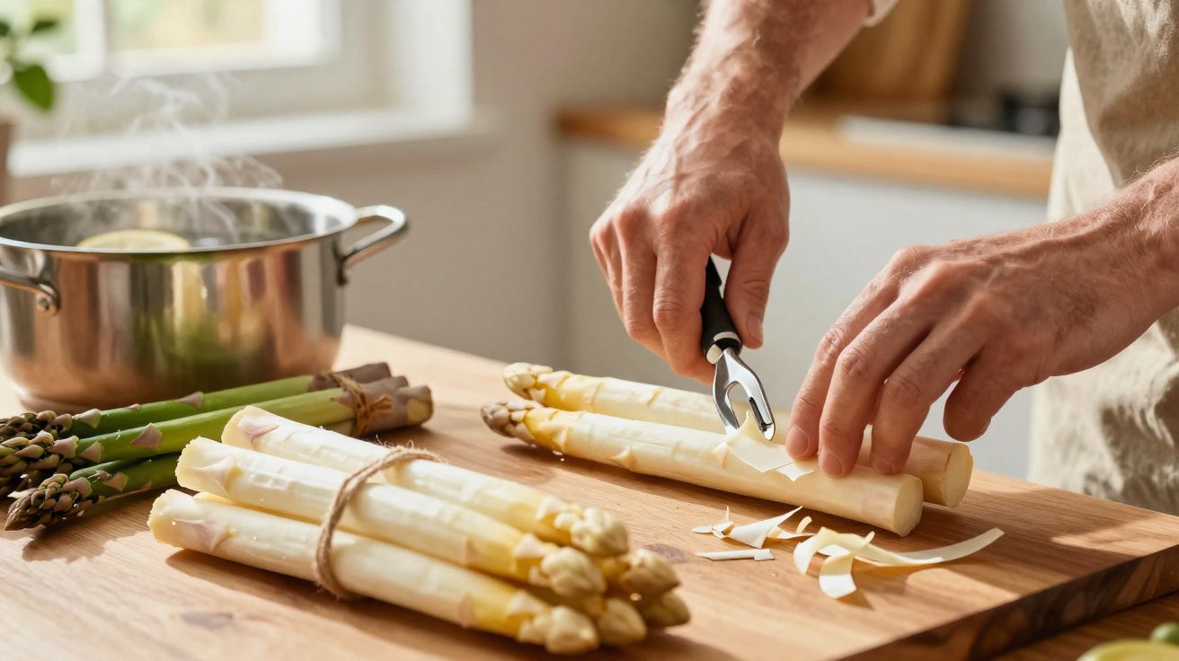Pessoa a descascar espargos brancos numa tábua de madeira na cozinha com um tacho ao fundo.
