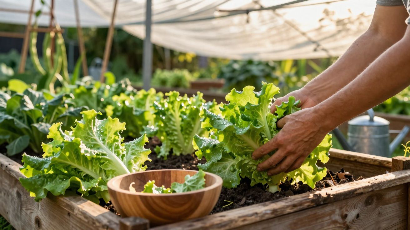 Mãos a colher alface fresca numa horta urbana em caixa de madeira, com regador ao fundo.