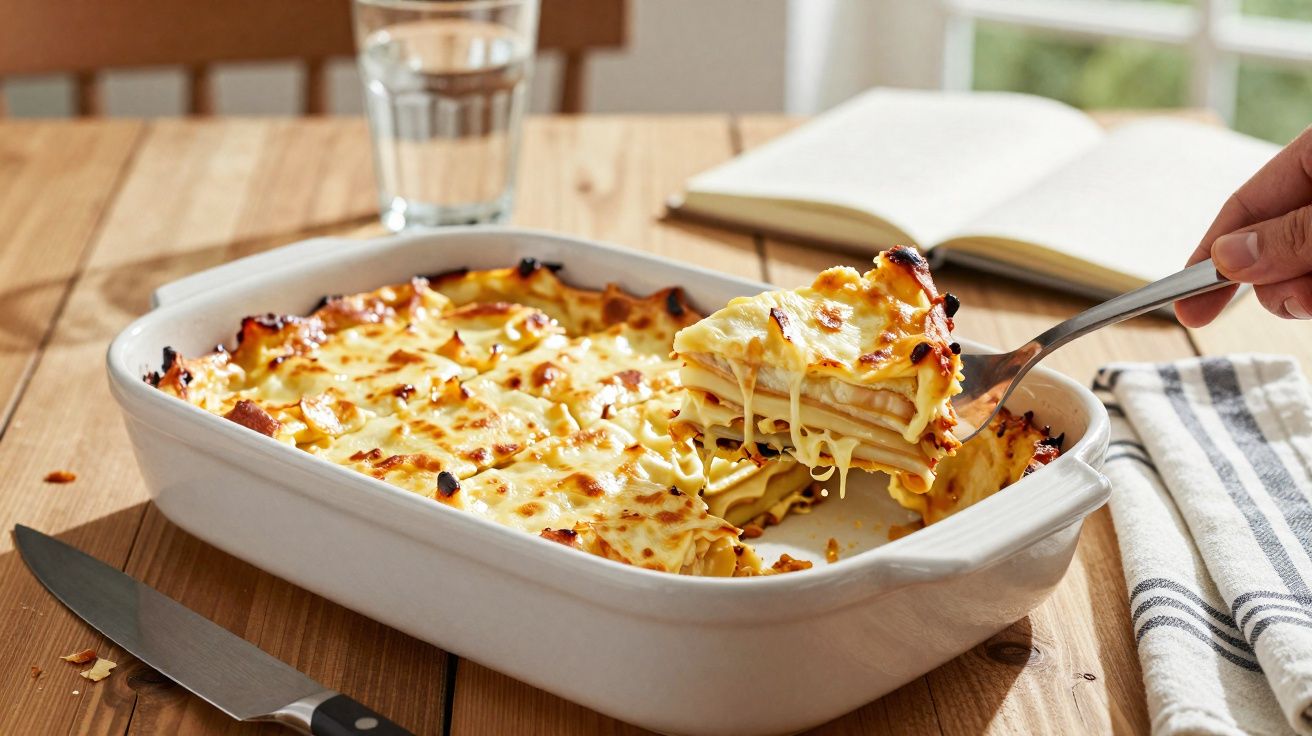 Lasanha com queijo quente e derretido a ser servida numa travessa branca numa mesa de madeira.
