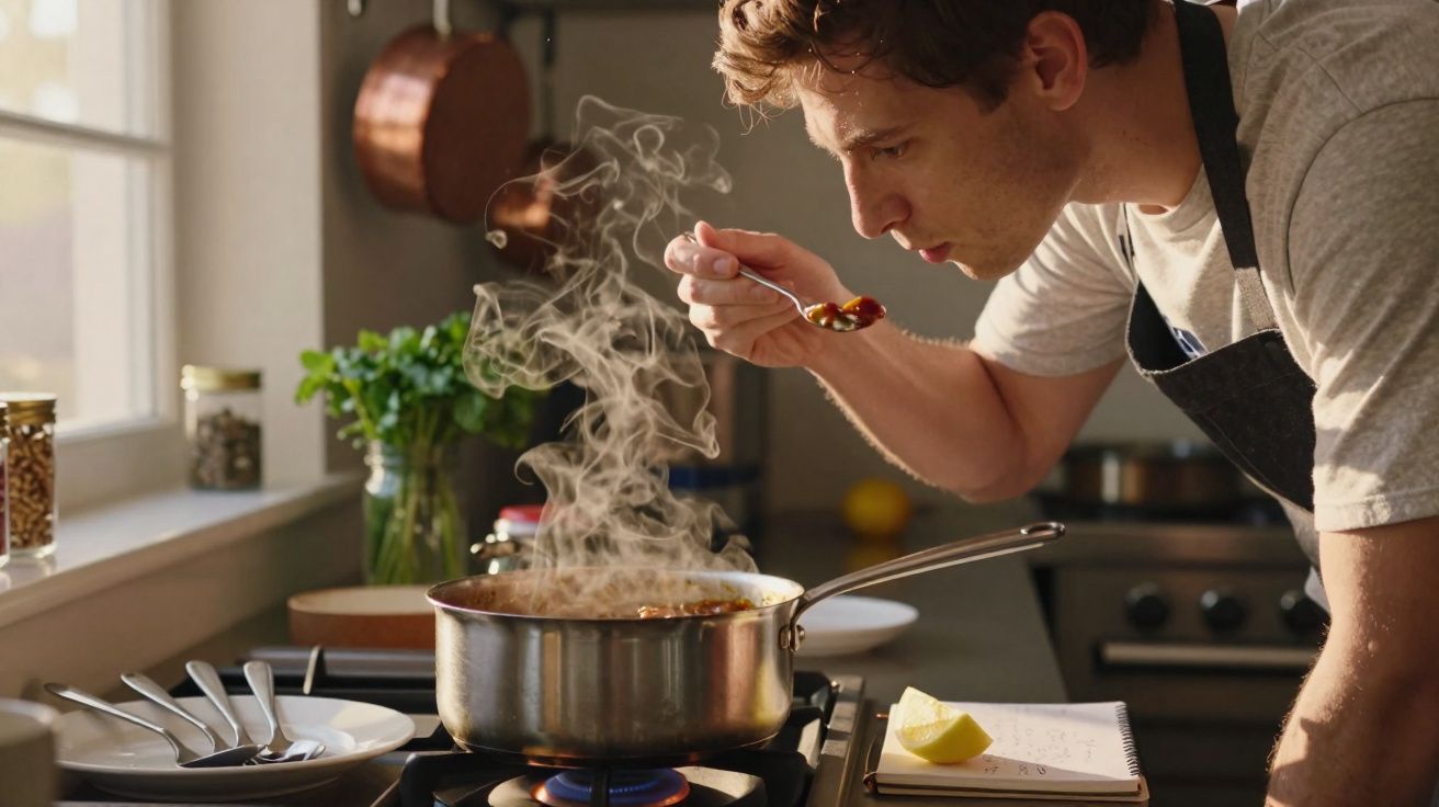 Homem a provar comida quente numa colher junto a um tacho a fumegar no fogão da cozinha.