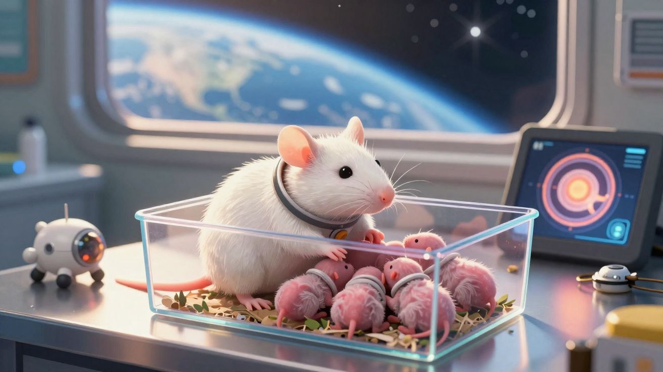 Rato branco com colar espacial numa caixa transparente com ratinhos bebé no interior, dentro de uma nave espacial.