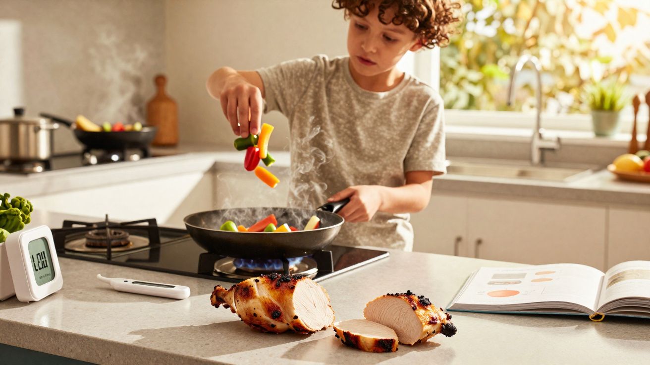 Criança a cozinhar legumes numa frigideira numa cozinha moderna com comida e livro abertos na bancada.