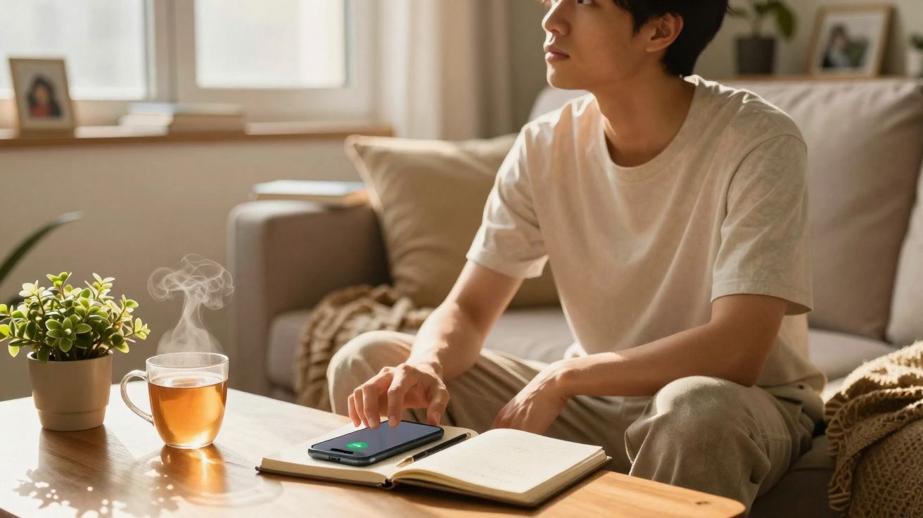 Jovem sentado no sofá, olhando para a janela, com telefone e caderno numa mesa de madeira clara.