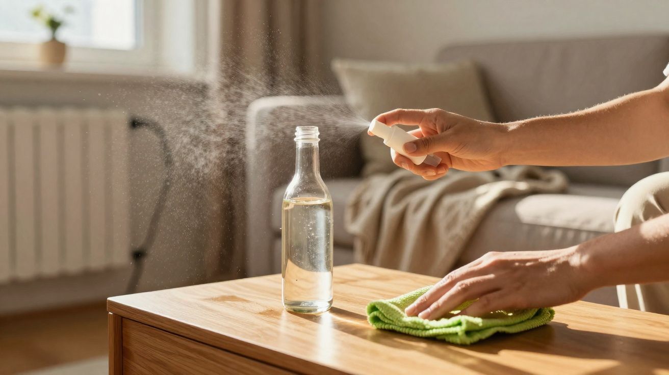 Pessoa a pulverizar produto de limpeza numa mesa de madeira enquanto limpa com um pano verde.