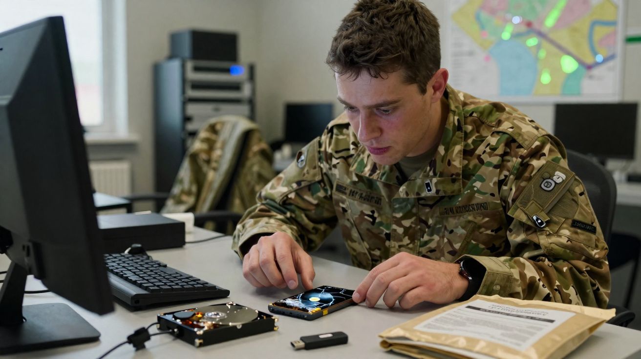 Militar em uniforme camuflado a analisar componentes de disco rígido numa mesa de escritório.