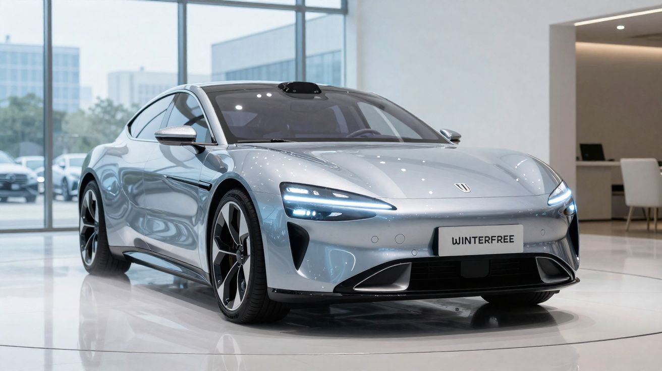 Carro elétrico desportivo prateado estacionado num showroom moderno com luz natural e vidros grandes.