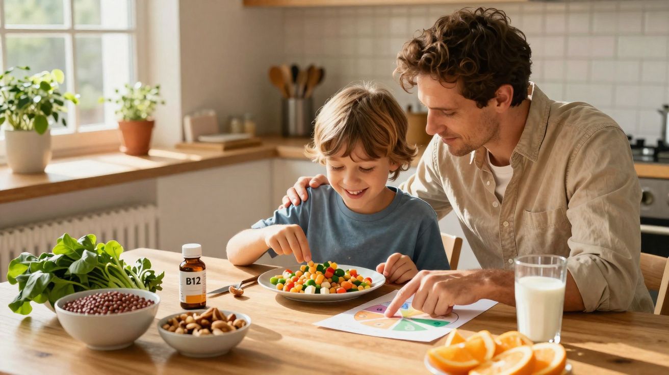 Pai e filho sentados à mesa, com alimentos saudáveis e suplemento de vitamina B12, em cozinha luminosa.