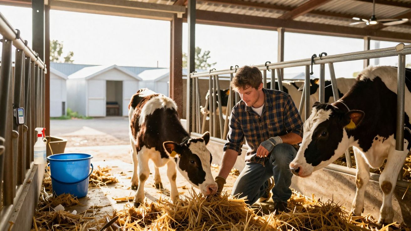 Jovem agricultor alimentar vacas numa estrebaria iluminada pelo sol, rodeado de palha e baldes azuis.