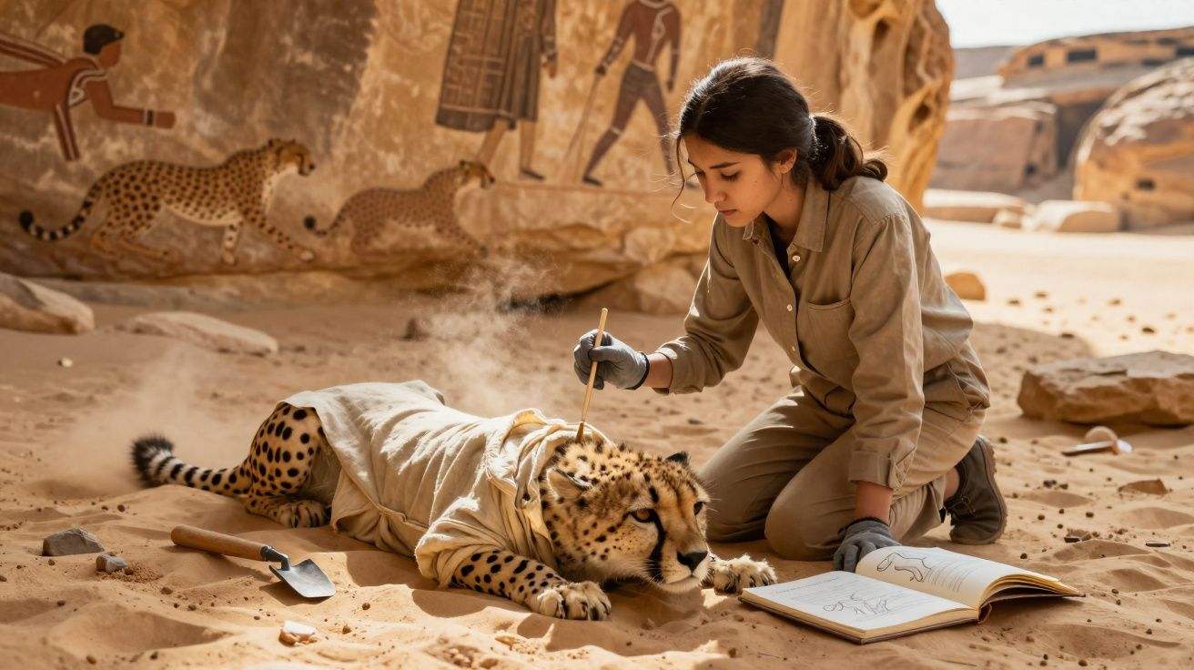 Jovem mulher com fato protector examina um guepardo coberto com corta-vento numa paisagem desértica.