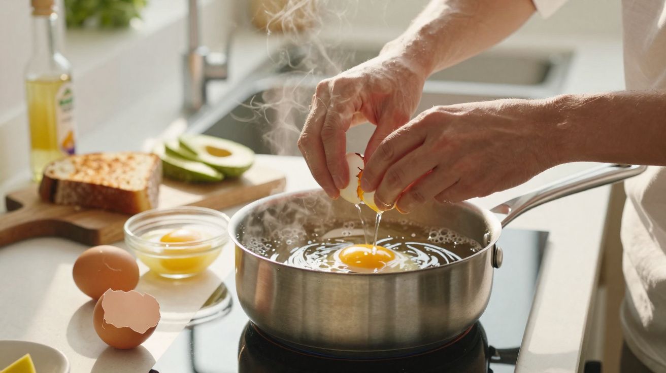 Mãos a quebrar um ovo sobre uma panela com água a ferver numa cozinha luminosa.