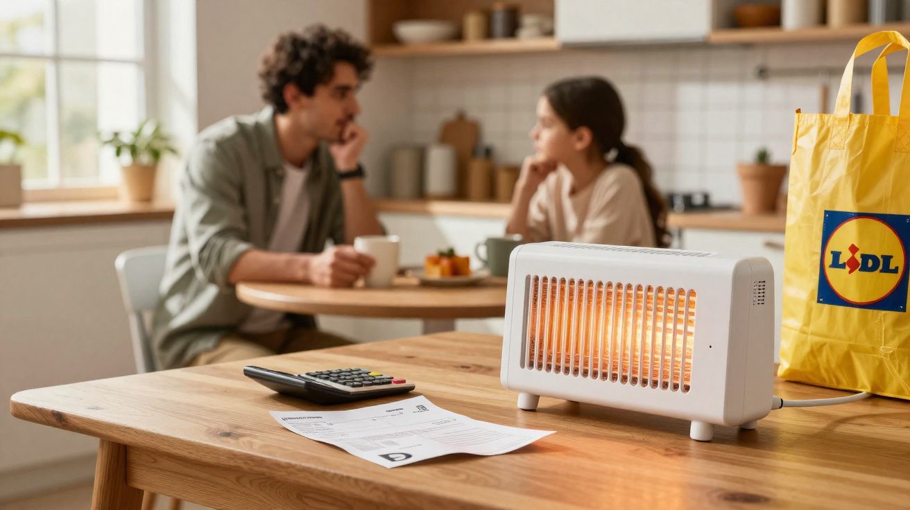 Aquecedor elétrico ligado numa mesa com calculadora, fatura e saco Lidl, casal ao fundo numa cozinha moderna.