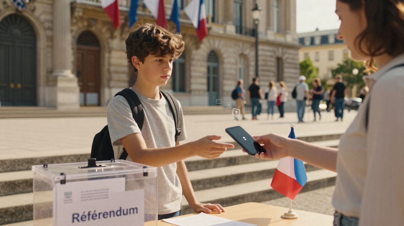 Jovem a usar telemóvel junto a urna de voto num referendo ao ar livre com bandeira francesa.
