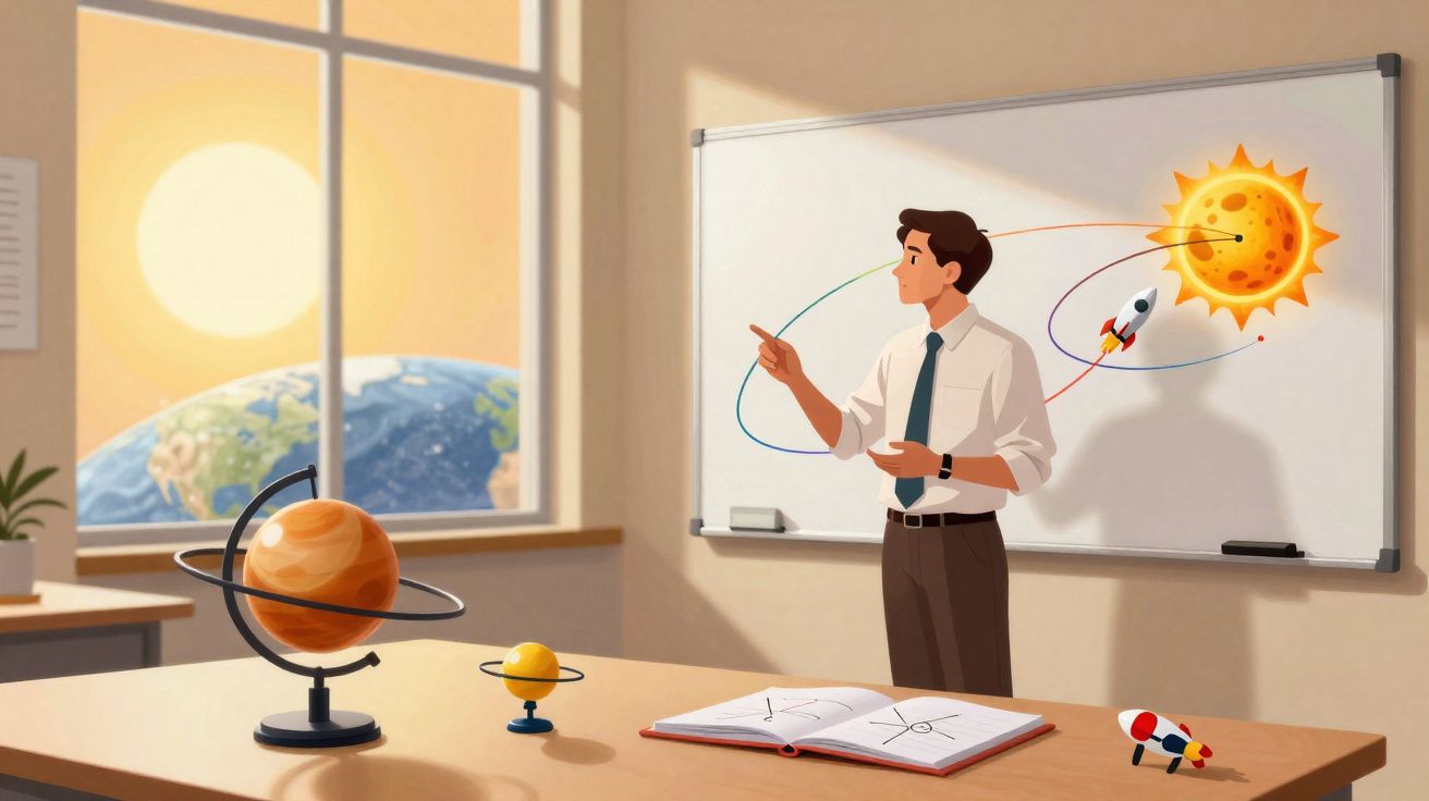 Professor a explicar o sistema solar com globo, quadro branco e modelos de planetas numa sala iluminada pelo sol.