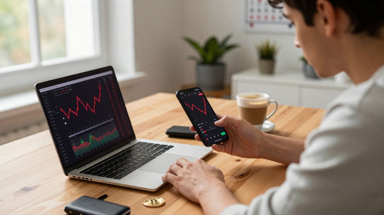 Pessoa a analisar gráficos financeiros em laptop e smartphone numa mesa de madeira com café.