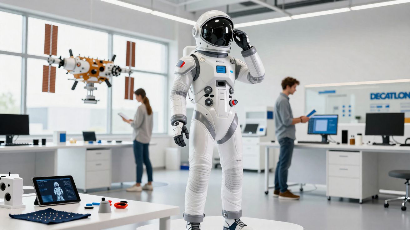 Astronauta de fato espacial em laboratório moderno com duas pessoas a trabalhar ao fundo.