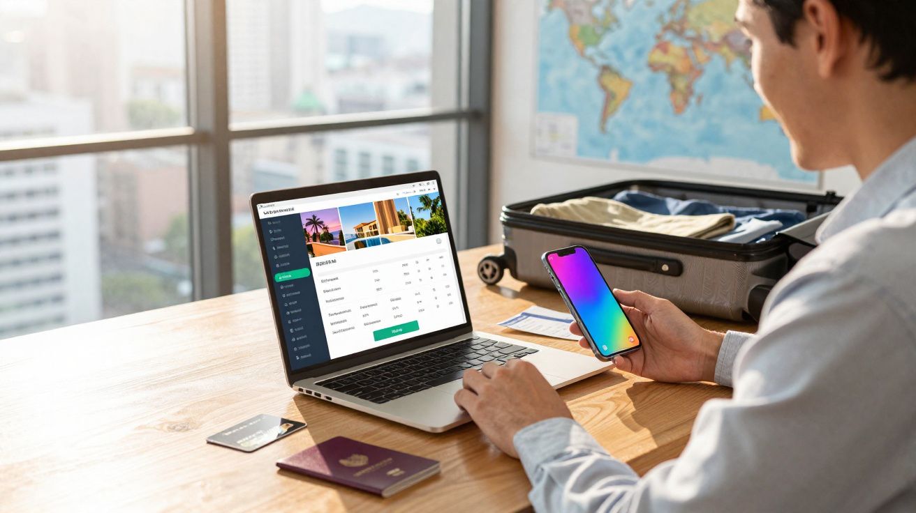 Homem a reservar viagem online num computador portátil com passaporte e malas na mesa.
