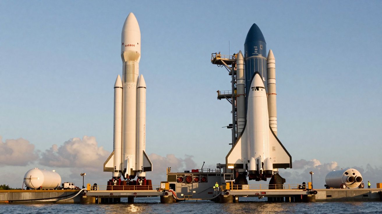 Dois foguetões no cais prontos para lançamento, com céu limpo ao fundo.