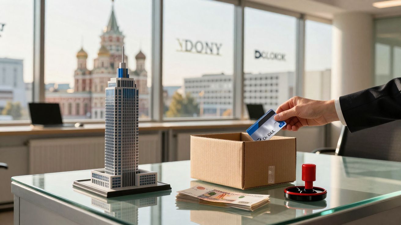 Mesa de escritório com maquete de edifício, dinheiro, carimbo e mão a colocar cartão numa caixa.